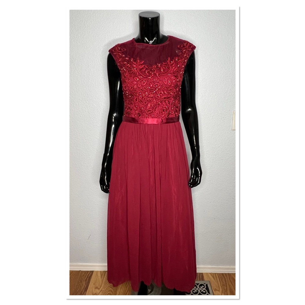 Formal Illusion Sequin, Lace and Chiffon Maxi Gown in Garnet Red - Picture 2 of 13